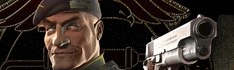 Portada del videojuego Commandos 2 con un militar apuntando con una pistola