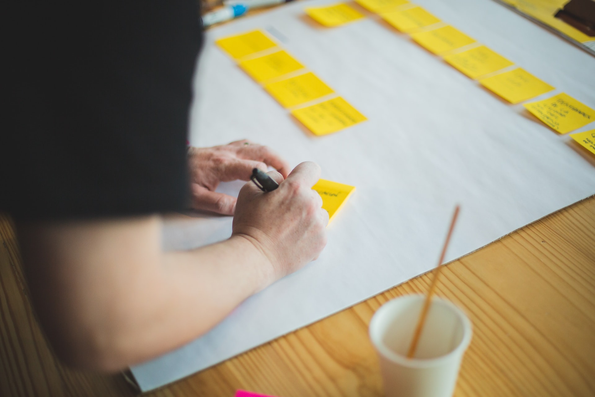 persona escribiendo y colocando post-it  amarillos en DIN A2