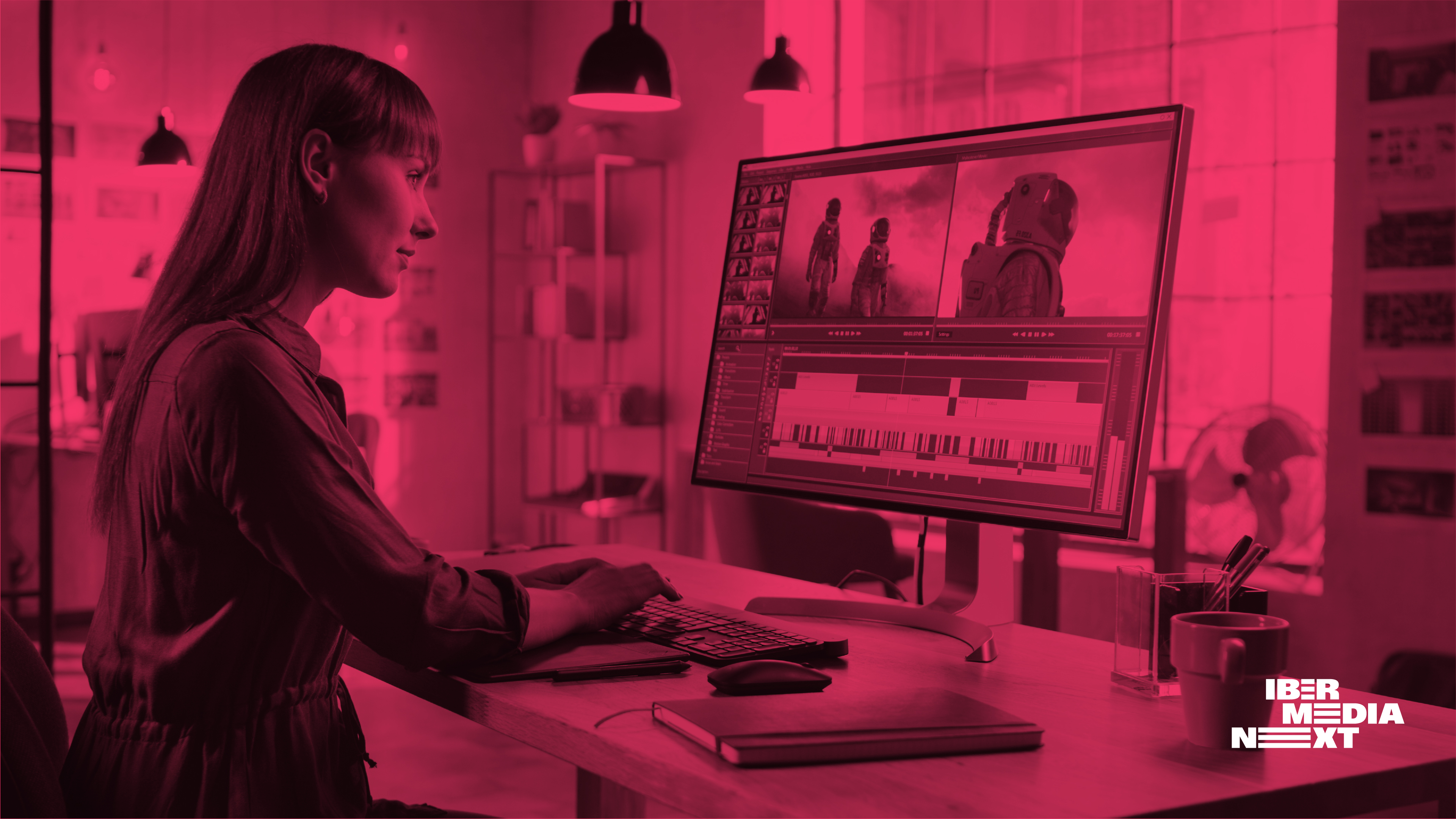 mujer editando imágenes en pantalla con luz fucsia