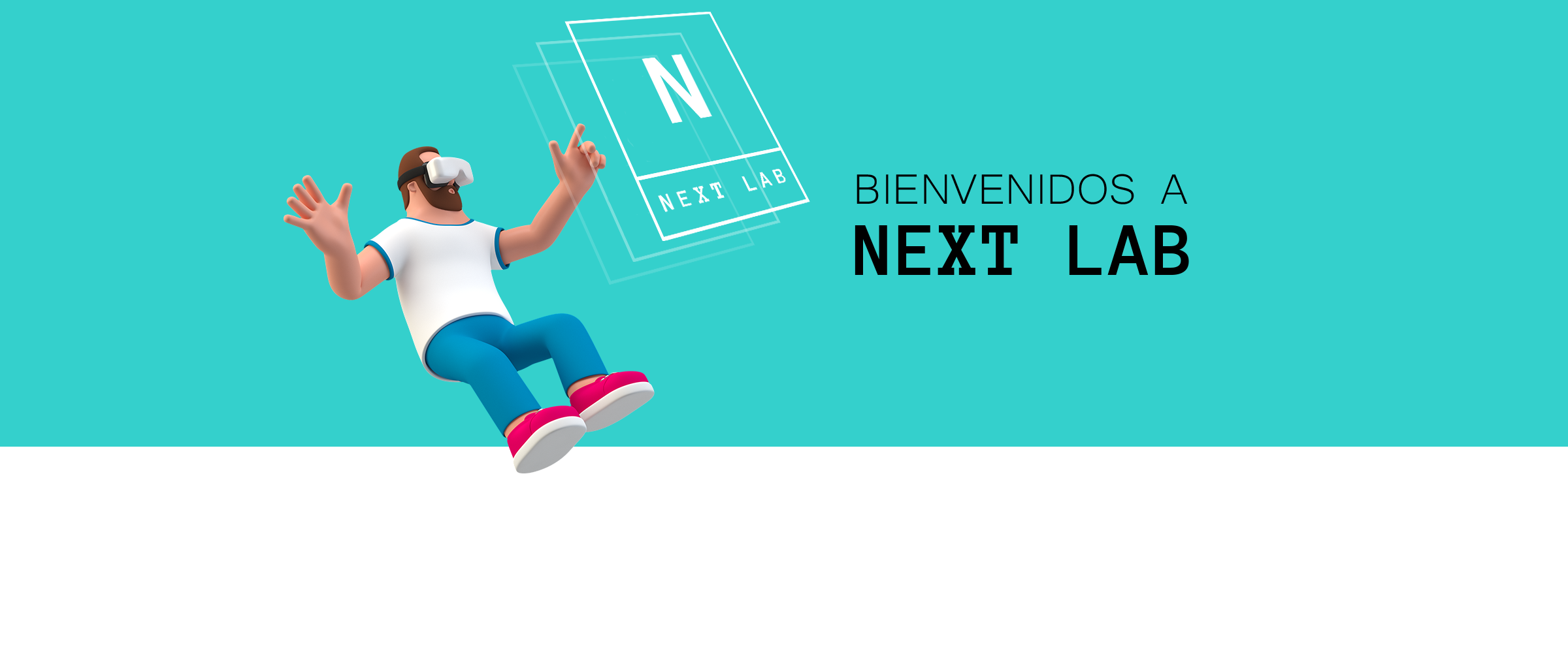 Cabecera de Next Lab. Dibujo de hombre con gafas de VR sobre fondo verde