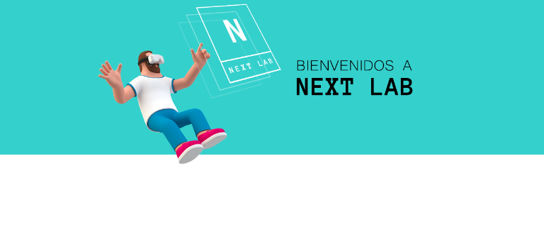 Cabecera de Next Lab. Dibujo de hombre con gafas de VR sobre fondo verde