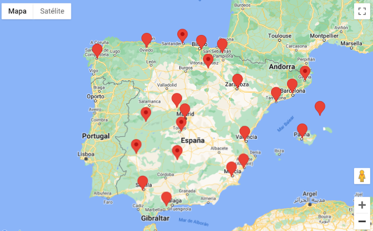 Mapa de España con localización platós