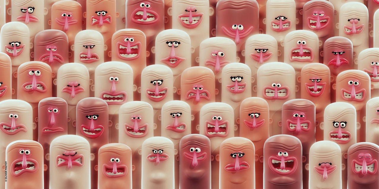 Muchos dedos de plastilina con caras.