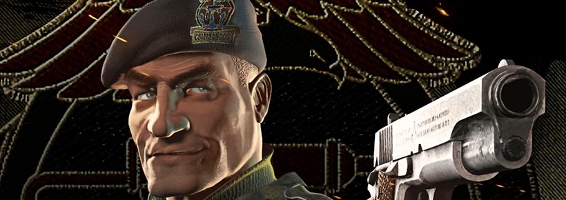 Portada del videojuego Commandos 2 con un militar apuntando con una pistola