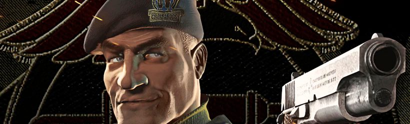 Portada del videojuego Commandos 2 con un militar apuntando con una pistola