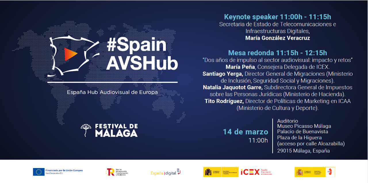 Banner de la mesa redonda sobre el Spain Audiovisual Hub en el Festival de Málaga 2023