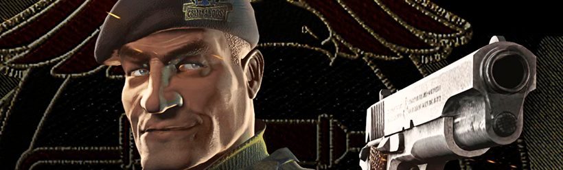 Portada del videojuego Commandos 2 con un militar apuntando con una pistola